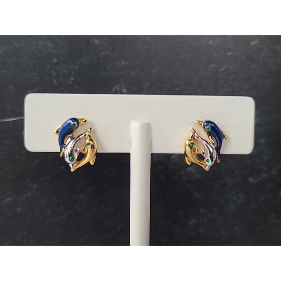 Dolphin Enamel Rhinestone Stud Earrings Vintage Costume Jewelry - Picture 2 of 10